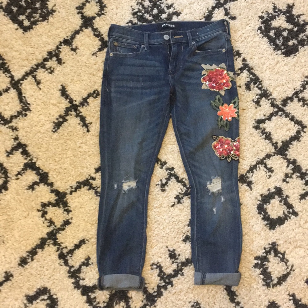 Express Sequin Embroidered Ankle Jean, Size 2P